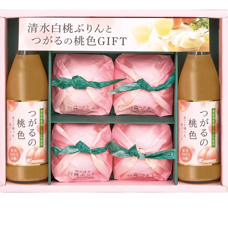 お歳暮期間限定販売 岡山清水白桃ぷりん＆青森桃ジュースギフト PM-35R×5 【送料無料】(北海道・沖縄・離島は別途) 岡山清水白桃ぷりん＆青森桃ジュースギフトPM-35R: ギフト・フード