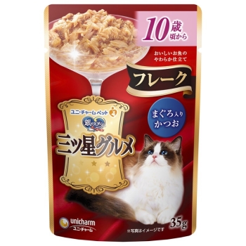 ■　ユニ・チャーム　銀のスプーン三ツ星グルメパウチフレーク１０歳頃からまぐろ入りかつお３５ｇ