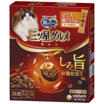 ■　ユニ・チャーム　三ツ星グルメしみ旨お魚仕立てまぐろ・鶏ささみ味にかつお節添え１９２ｇ