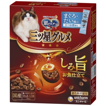 ■　ユニ・チャーム　三ツ星グルメしみ旨お魚仕立てまぐろ・たい味にかつお節添え１９２ｇ