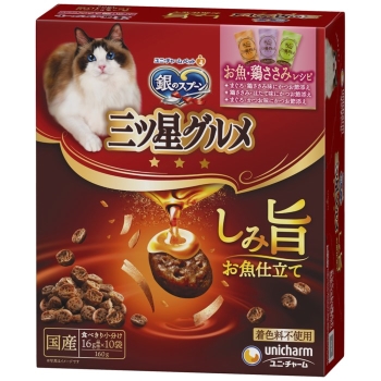 ■　ユニ・チャーム　三ツ星グルメしみ旨お魚仕立てお魚・鶏ささみレシピ３種のアソート１６０ｇ