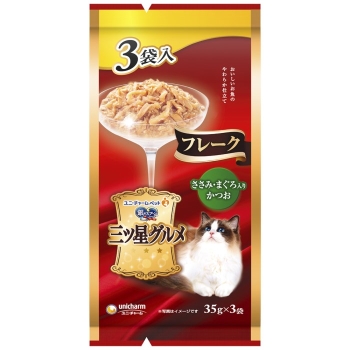 ■　ユニ・チャーム　三ツ星グルメパウチフレークささみ・まぐろ入りかつお３５ｇ×３袋
