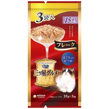 ■　ユニ・チャーム　三ツ星グルメパウチフレーク１５歳頃からまぐろ入りかつお３５ｇ×３袋
