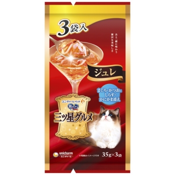 ■　ユニ・チャーム　三ツ星グルメパウチジュレまぐろ・かつおにしらす・かにかま添え３５ｇ×３袋