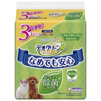 ユニ・チャームデオクリーンノンアルコール除菌ウェットティッシュつめかえ用　６０枚　３個パック