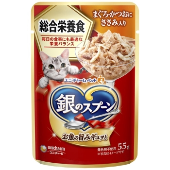 ■　ユニ・チャーム　銀のスプーンパウチ総合栄養食まぐろ・かつおにささみ入り５５ｇ