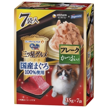 ■　ユニ・チャーム　三ツ星グルメパウチ国産まぐろ１００％使用フレークかつお入り３５ｇ×７袋