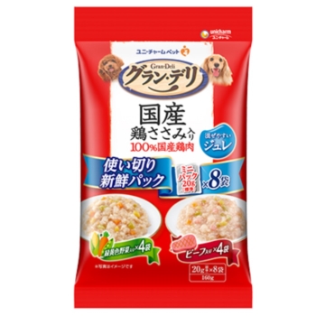 グラン・デリ 国産鶏ささみ入りパウチ使い切り新鮮パックジュレ成犬用緑黄色野菜入り&ビーフ入り160g