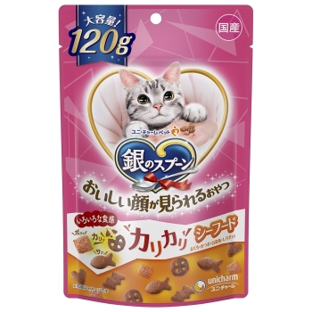 ■　ユニ・チャーム　銀のスプーンおいしい顔が見られるおやつカリカリシーフード１２０ｇ