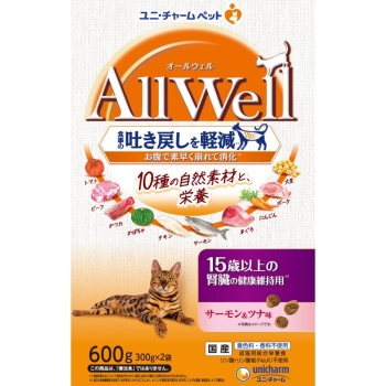 ユニ・チャーム　ＡｌｌＷｅｌｌ１０種の自然素材１５歳以上の腎臓の健康維持用サーモン＆ツナ味６００ｇ