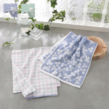 乾きやすい　いつものフェイスタオル　２枚組　クローバー＆チェック