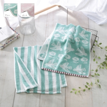 いつものフェイスタオル　２枚組　ＪＱバードフラワー＆ストライプ