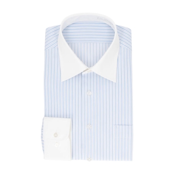 サスビズ　清潔マルチストレッチシャツ　青ストライプワイド（レギュラーシルエット）