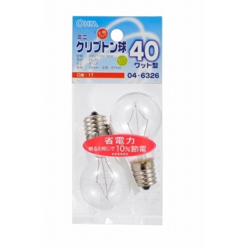 オーム電機　ミニクリプトン電球　Ｅ１７　４０Ｗ形　クリア　２個入