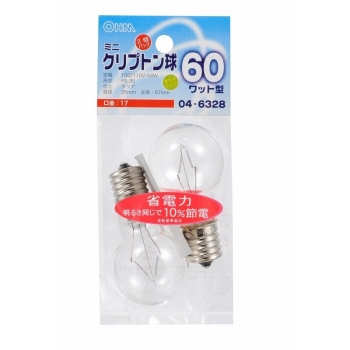 オーム電機　ミニクリプトン電球　Ｅ１７　６０Ｗ形　クリア　２個入