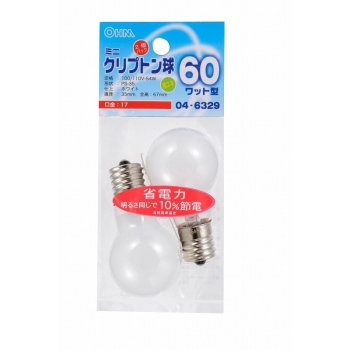オーム電機　ミニクリプトン電球　Ｅ１７　６０Ｗ形　ホワイト　２個入