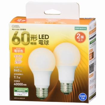 ＬＥＤ電球　Ｅ２６　６０形相当　全方向　電球色　２個入