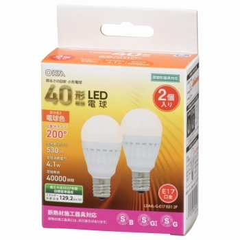 ＬＥＤ電球　小形　Ｅ１７　４０形相当　電球色　２個入