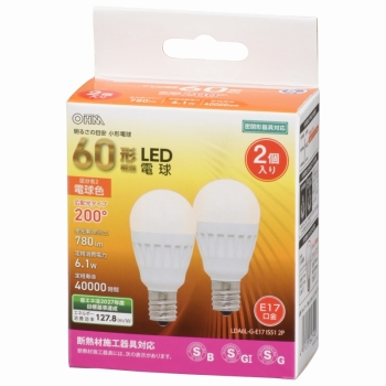 ＬＥＤ電球　小形　Ｅ１７　６０形相当　電球色　２個入