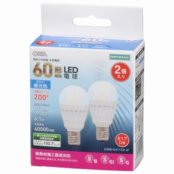 ＬＥＤ電球　小形　Ｅ１７　６０形相当　昼光色　２個入