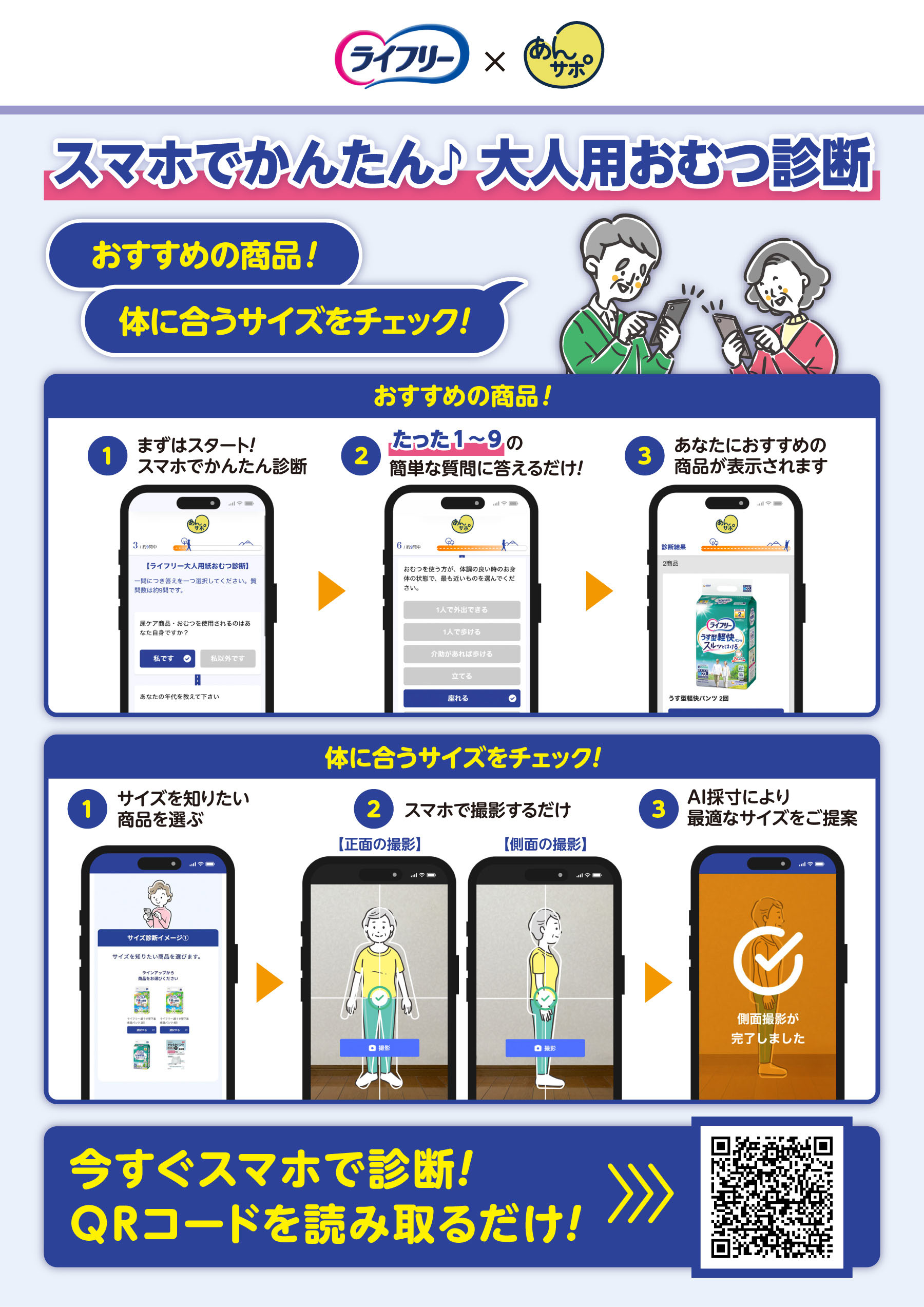 スマホでかんたん♪大人用おむつ診断 最適な商品のおすすめ！体に合うサイズをチェック！