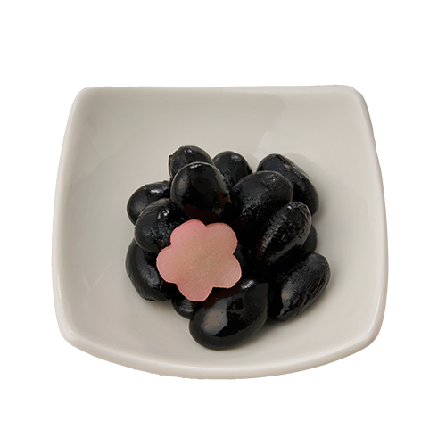 黒豆煮(梅型百合根羊羹添え)