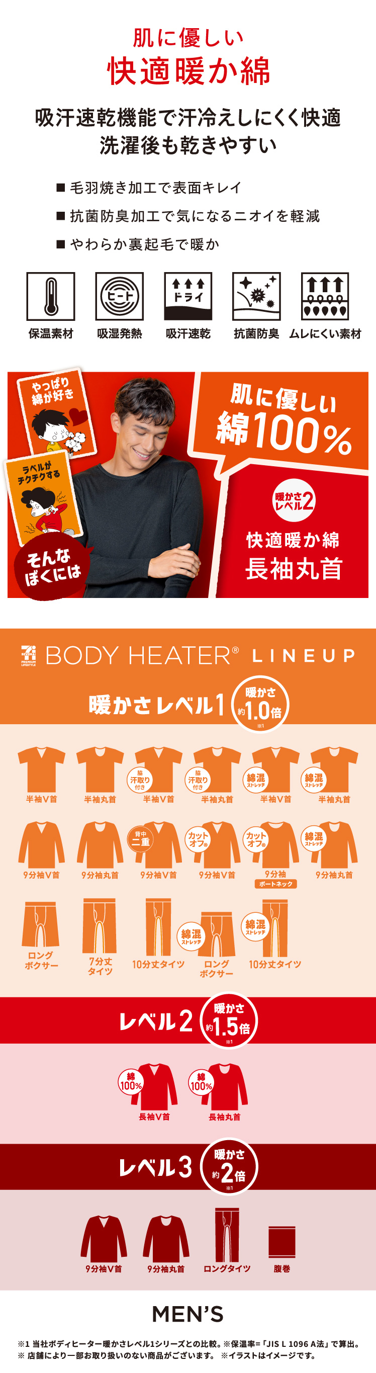ボディヒーター メンズインナー 綿100%